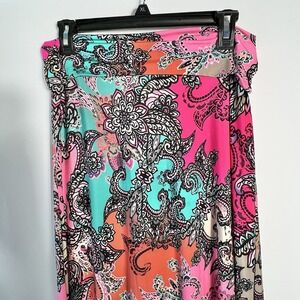 True Light USA Paisley Maxi Skirt Womens Sz Lg Pink Teal Boho Stretch Fold-over